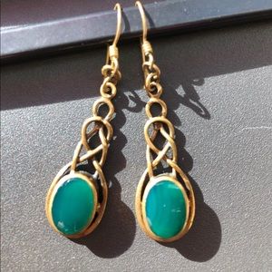 Celtic knot drop earrings, green stone
